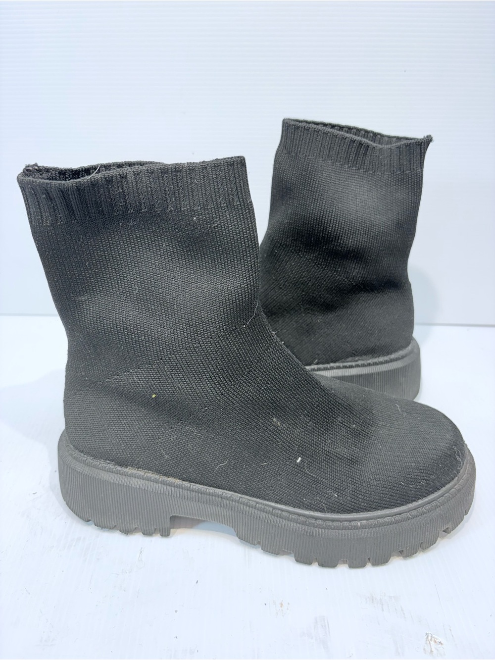 Black Knit Sock Booties, Chunky Lug Rubber Sole - Women's Size 6.5 (EU 37)